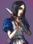  1girl alice:_madness_returns alice_(alice_in_wonderland) american_mcgee&#039;s_alice apron black_hair blood breasts closed_mouth domodesu dress green_eyes jewelry jupiter_symbol knife lipstick long_hair makeup necklace simple_background solo weapon 