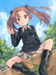  1girl aioi_aoi bangs black_bow black_footwear black_legwear blue_jacket blue_sky boots bow brown_eyes brown_hair eating food girls_und_panzer green_shirt ground_vehicle hair_bow highres holding holding_food jacket jagdpanzer_38(t) kadotani_anzu long_hair long_sleeves looking_at_viewer military military_vehicle miniskirt motor_vehicle ooarai_military_uniform parted_bangs pleated_skirt shirt sitting skirt sky socks solo tank turtle twintails white_skirt zipper 