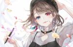  bicolored_eyes blue_eyes brown_hair close hat original petals red_eyes short_hair signed tagme_(artist) 