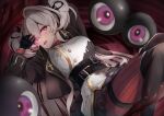  1girl alchemy_stars arm_behind_head bangs belt black_gloves breasts eicy_(alchemy_stars) eyeball feet_out_of_frame gloves glowing glowing_eyes grey_hair hand_up jacket knees_up large_breasts long_hair long_sleeves looking_at_viewer lying no_eyepatch nokke_o on_back open_clothes open_jacket open_mouth pink_eyes purple_eyes smile solo thighhighs two_side_up 