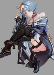  1girl alternate_costume ass assault_rifle bare_shoulders black_footwear black_gloves black_legwear blue_choker blue_hair blue_nails boots character_name choker closed_mouth earrings eyebrows_visible_through_hair eyewear_on_head fingerless_gloves garter_straps girls&#039;_frontline gloves grey_background gun highres holding holding_weapon jewelry looking_at_viewer mo_geng multicolored multicolored_clothes multicolored_legwear multicolored_nails nail_polish orange_eyes orange_nails panties pantyshot rifle short_hair sitting solo striped striped_legwear underwear weapon zas_m21_(girls&#039;_frontline) zastava_m21 