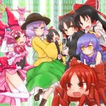  6+girls \n/ alcohol animal_ears animal_hands bangs beer beer_can bell black_dress black_eyes black_hair black_headwear black_jacket black_leotard black_skirt blue_hair boots bow bowtie breasts brown_footwear can cat_ears cat_girl closed_mouth commentary_request cookie_(touhou) crab detached_sleeves dress dress_bow eyebrows_visible_through_hair fang foot_out_of_frame formal frilled_bow frilled_shirt_collar frilled_skirt frilled_sleeves frills green_background green_eyes green_skirt grey_hair hair_between_eyes hair_bow hakurei_reimu high_heels highres holding holding_wand jacket jingle_bell kneehighs komeiji_koishi leotard leotard_under_clothes long_hair long_sleeves looking_at_viewer magical_girl medium_breasts medium_hair minigirl multiple_girls multiple_persona office_lady one_eye_closed open_mouth otemoto_(baaaaloooo) pink_hair pink_skirt pixiv_clock_world purple_background red_bow red_eyes red_footwear red_hair red_neckwear ribbon-trimmed_sleeves ribbon_trim sananana_(cookie) shirt short_hair skirt sleeveless sleeveless_dress smile suit touhou voice_actor_connection w wand white_legwear white_shirt white_sleeves wide_sleeves wings yellow_eyes yellow_neckwear yellow_shirt 