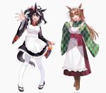  2girls animal_ears apron black_hair boots bow brown_hair geta hair_bow hair_ornament highres horse_ears horse_girl horse_tail japanese_clothes kitasan_black_(umamusume) long_hair looking_at_viewer maid maid_apron maid_headdress multiple_girls obi oenothera one_eye_closed open_mouth red_eyes sash satono_diamond_(umamusume) smile standing tabi tail two_side_up umamusume white_background white_legwear wide_sleeves 