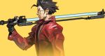  1boy black_hair denim energy_sword gloves jacket jeans male_focus nin_nakajima no_more_heroes pants red_jacket shirt short_hair smile solo sunglasses sword travis_touchdown weapon 