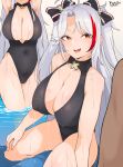  1girl alternate_costume azur_lane bare_shoulders black_bow boca bow breasts center_opening cleavage hair_bow highres huge_breasts multicolored_hair one-piece_swimsuit open_mouth orange_eyes prinz_eugen_(azur_lane) red_hair streaked_hair swimsuit two-tone_hair water wet white_hair 