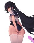  1girl ass black_hair black_swimsuit blue_eyes bow breasts closed_mouth commentary cowboy_shot crop_top crop_top_overhang from_behind genshin_impact hair_bow long_hair looking_at_viewer looking_back mona_(genshin_impact) no_hat no_headwear one-piece_swimsuit ponytail prpr_friends sailor_collar sailor_shirt shirt short_sleeves simple_background small_breasts solo swimsuit thighhighs thighs very_long_hair white_background white_legwear white_shirt 