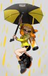  1girl artist_name bangs bike_shorts black_footwear black_shorts blunt_bangs commentary fangs headgear hero_brella_(splatoon) high_tops highres holding holding_weapon ink_tank_(splatoon) inkling jacket looking_at_viewer midriff_peek navel open_mouth orange_eyes orange_hair short_hair_with_long_locks shorts signature single_vertical_stripe solo splatoon_(series) squidbeak_splatoon tentacle_hair weapon yellow_jacket yeneny 