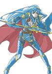  1girl armor bangs blue_armor blue_eyes blue_hair cape closed_mouth eyebrows_visible_through_hair fire_emblem fire_emblem_awakening fire_emblem_heroes floating_hair gloves grey_gloves highres holding holding_polearm holding_spear holding_weapon legs_apart long_hair lucina_(fire_emblem) polearm pretty-purin720 simple_background solo spear standing tiara very_long_hair weapon white_background 