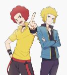  2boys :d afro black_choker black_shirt blonde_hair blue_eyes blue_jacket choker closed_mouth collared_shirt commentary_request crossed_arms flint_(pokemon) hand_on_hip jacket kurochiroko long_sleeves male_focus multiple_boys open_clothes open_jacket open_mouth pants pointing pokemon pokemon_(game) pokemon_dppt red_hair shirt smile spiked_hair tongue upper_teeth volkner_(pokemon) yellow_shirt 