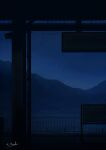  alu.m_(alpcmas) blue_theme blurry dark depth_of_field highres monochrome mountainous_horizon night night_sky no_humans original outdoors railing scenery sign signature sky star_(sky) train_station valley 