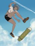  1girl ayanami_rei bare_legs black_footwear black_shorts blue_hair blue_sky casual cloud commentary condensation_trail dolphin_shorts from_below full_body highres jason_yossarian kickflip light_particles midair neon_genesis_evangelion open_mouth red_eyes shirt shoe_soles shoes short_hair short_sleeves shorts skateboard sky solo t-shirt white_shirt 