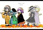  2016 5girls alternate_costume alternate_headwear autumn autumn_leaves bag beret boots fedora from_side hat hieda_no_akyuu holding holding_bag japanese_clothes kawashiro_nitori kimono kyoto maribel_hearn mob_cap multiple_girls newspaper sandals shameimaru_aya touhou usami_renko walking winter_clothes yt_(wai-tei) yukata 