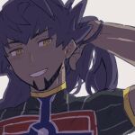  1boy bangs blush champion_uniform commentary_request dark-skinned_male dark_skin facial_hair grin hand_up highres leon_(pokemon) long_hair male_focus mobuchin pokemon pokemon_(game) pokemon_swsh purple_hair shirt short_sleeves smile solo teeth upper_body yellow_eyes 