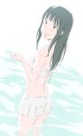  1girl bangs bare_back bare_shoulders black_eyes black_hair blush breasts commentary highres lips long_hair looking_back monodevil original partially_submerged raised_eyebrows skirt small_breasts smile solo swimsuit wading water white_skirt white_swimsuit 