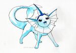  :d black_eyes commentary do9bessa english_commentary full_body gen_1_pokemon inktober no_humans open_mouth painting_(medium) pokemon pokemon_(creature) smile solo standing toes tongue traditional_media vaporeon watercolor_(medium) 