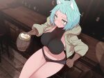  1girl alcohol animal_ears beer belt black_belt blue_hair blush breasts brown_gloves closed_mouth crop_top cup gloves green_eyes grey_shorts holding holding_cup huge_breasts jacket leaning_back legs_together medium_hair micro_shorts midriff navel open_clothes open_jacket original pub sanpaku shorts smile sumiyao_(amam) tankard 