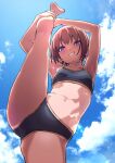  1girl armpits bangs barefoot bikini black_bikini blush breasts brown_hair cloud commentary day foreshortening from_below glowing glowing_eyes grin hand_on_own_leg highres looking_at_viewer looking_down midriff navel original purple_eyes short_hair sky small_breasts smile smug solo split sports_bikini standing standing_on_one_leg standing_split swimsuit tan tanlines v-shaped_eyebrows wang-pac 