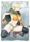  1girl arrow_(projectile) ass_visible_through_thighs black_legwear blonde_hair boots bow_(weapon) breasts cloak covered_nipples earrings elf eyelashes full_body fundoshi green_eyes holding holding_bow_(weapon) holding_weapon japanese_clothes jewelry navel neone original pointy_ears revealing_clothes solo squatting thighhighs weapon 
