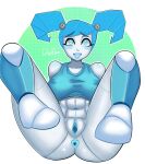  1girl :d anus ass blue_eyes blue_hair blush collarbone covered_nipples cyborg gaping highres jenny_wakeman joints legs_up my_life_as_a_teenage_robot navel open_mouth pussy robot robot_joints self_upload smile solo sports_bra teenage two-tone_background 