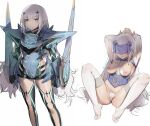  1girl agaver123 armpits arms_up ass_visible_through_thighs covered_eyes eyebrows_visible_through_hair fairy_knight_lancelot_(fate) fate/grand_order fate_(series) highres lips long_hair nipples panties simple_background spread_legs thighhighs thong underwear veil_over_eyes very_long_hair white_background white_hair white_panties yellow_eyes 