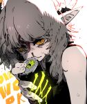  1girl axehorn_(ssambatea) blood can grey_hair highres holding holding_can horns looking_at_viewer monster_energy nosebleed original parted_lips pointy_ears ringed_eyes solo ssambatea sweat upper_body white_background yellow_eyes 