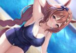  animal_ears brown_hair harimoji long_hair pool purple_eyes school_swimsuit swimsuit tail uma_musume:_pretty_derby water wet 