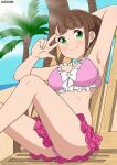  1girl absurdres airi666 artist_name beach bikini breasts brown_hair closed_mouth green_eyes highres hitoribocchi_no_marumaru_seikatsu honshou_aru long_hair medium_breasts panties pink_panties ponytail self_upload skirt smile swimsuit underwear 