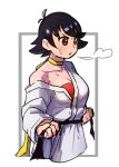  1girl adjusting_belt antenna_hair belt black_belt black_hair bra breasts brown_eyes choker cleavage cropped_legs dougi heavy_breathing highres karate_gi lineni makoto_(street_fighter) medium_breasts off_shoulder red_bra ribbon ribbon_choker short_hair solo strapless strapless_bra street_fighter street_fighter_iii_(series) sweat tomboy underwear upper_body yellow_ribbon 