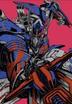  1boy autobot flame_print highres holding holding_sword holding_weapon mecha oohara_tetsuya open_hand optimus_prime pink_background red_eyes science_fiction solo sword transformers transformers:_the_last_knight transformers_(live_action) weapon 
