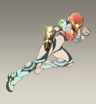  1girl arm_cannon armor bangs glowing helmet highres looking_at_viewer metroid metroid_dread oxcoxa power_armor samus_aran science_fiction sidelocks simple_background solo upper_body varia_suit visor weapon 