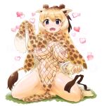  1girl animal_ears animal_print ass_visible_through_thighs bare_legs blonde_hair breasts breasts_apart brown_hair colored_inner_hair commentary_request extra_ears eyebrows_visible_through_hair eyelashes fishnet_leotard fishnets giraffe_ears giraffe_horns giraffe_print giraffe_tail groin hand_up heart heart-shaped_pupils highres holding horns kemono_friends large_breasts leotard long_sleeves looking_at_viewer mikan_toshi multicolored_hair navel nipples open_mouth parted_lips print_leotard print_scarf purple_eyes reticulated_giraffe_(kemono_friends) scarf sitting smile socks solo spread_legs stomach striped symbol-shaped_pupils tail thighs two-tone_hair unaligned_breasts vertical_stripes wariza 