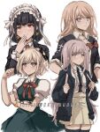  4girls alternate_hair_length alternate_hairstyle arm_up backpack bag bangs black_bow black_hair black_shirt blonde_hair blue_eyes blunt_bangs bow bow_shirt brown_hair brown_skirt celestia_ludenberg clenched_hand collarbone commentary criis-chan danganronpa:_trigger_happy_havoc danganronpa_(series) danganronpa_2:_goodbye_despair earrings english_commentary enoshima_junko hair_bow hand_on_own_arm hand_to_own_mouth hand_up holding_strap jewelry long_hair long_sleeves looking_at_viewer medium_hair multiple_girls nanami_chiaki neck_ribbon pleated_skirt puffy_short_sleeves puffy_sleeves red_bow red_neckwear red_ribbon ribbon shirt shirt_tucked_in short_hair short_sleeves simple_background skirt smile sonia_nevermind thighhighs two-tone_shirt white_background white_shirt zettai_ryouiki 