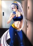  1girl abs absurdly_long_hair azur_lane belfast_(azur_lane) blue_bra blue_pants blush bra breasts cellphone choister cleavage clothes_pull door english_commentary hair_ornament hair_scrunchie hairclip headphones highres holding holding_phone indoors large_breasts long_hair looking_at_phone midriff navel pants pants_pull phone ponytail purple_eyes scrunchie silver_hair smartphone smile solo sports_bra sweat tight tight_pants toned underwear very_long_hair yellow_scrunchie yoga_pants 