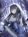  1girl ascot blonde_hair blue_dress blue_flower breasts commentary_request dress fairy_knight_lancelot_(fate) fate/grand_order fate_(series) feet_out_of_frame flower forest gloves grey_dress grey_gloves grey_hair grey_neckwear highres light_particles long_hair looking_at_viewer m0_chi nature parted_lips petticoat sitting small_breasts smile teeth thighhighs tree white_hair white_legwear 
