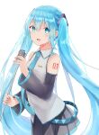  1girl :d akaya_(pixiv20545353) bare_shoulders black_skirt black_sleeves blue_eyes blue_hair blue_neckwear blush collared_shirt commentary_request detached_sleeves hatsune_miku highres holding holding_microphone long_hair long_sleeves looking_at_viewer microphone necktie open_mouth pleated_skirt shirt simple_background skirt sleeveless sleeveless_shirt smile solo twintails very_long_hair vocaloid white_background white_shirt wide_sleeves 