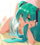  1girl :t aqua_eyes aqua_hair backlighting bangs bare_legs barefoot blue_neckwear breasts cheek_rest cheek_squash closed_mouth commentary_request downblouse eyebrows_visible_through_hair hand_on_hip hatsune_miku highres holding holding_hair long_hair looking_at_viewer lying necktie no_bra on_side shirt small_breasts smile solo twintails very_long_hair vocaloid white_shirt yamauchi_(conan-comy) 