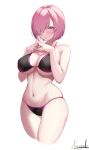  1girl absurdres bangs bare_shoulders bikini black_bikini blush breasts cleavage collarbone fate/grand_order fate_(series) hair_over_one_eye highres large_breasts light_purple_hair looking_at_viewer mash_kyrielight navel purple_eyes revision short_hair solo spider_apple swimsuit thighs 