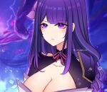 1girl armor bangs blurry blurry_background breasts cleavage commentary english_commentary flower genshin_impact hair_ornament japanese_clothes kimono large_breasts long_hair looking_at_viewer mole mole_under_eye open_mouth purple_eyes purple_hair raiden_shogun ribbon shoulder_armor solo sweatdrop twitter_username usagisii 