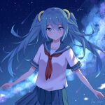  absurdres aqua_eyes aqua_hair bangs cloud comet facing_viewer hatsune_miku hatsune_miku_(vocaloid4)_(chinese) highres looking_at_viewer night night_sky outstretched_arms qgray school_uniform sky smile standing star_(sky) starry_sky twintails vocaloid 