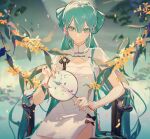  1girl aqua_eyes aqua_hair branch chair china_dress chinese_clothes dress hand_fan hatsune_miku highres hill holding holding_fan leaf lirseven long_hair looking_at_viewer sitting solo very_long_hair vocaloid water 