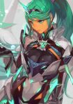  1girl bangs breasts chest_jewel green_eyes green_hair headpiece hungry_clicker large_breasts long_hair looking_at_viewer pneuma_(xenoblade) ponytail smile solo swept_bangs tiara very_long_hair xenoblade_chronicles_(series) xenoblade_chronicles_2 