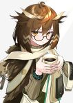  1girl absurdres ahoge arknights brown_eyes brown_hair closed_mouth coffee_mug commentary_request cup feather_hair feathers glasses highres infection_monitor_(arknights) looking_at_viewer mug official_alternate_costume poyason scarf short_hair silence_(arknights) silence_(frosted_breath)_(arknights) simple_background solo sweater upper_body white_background wristband 