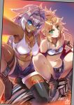  2girls :d animal_ears armpits black_legwear blonde_hair blue_eyes boots breasts caenis_(fate) cleavage dark-skinned_female dark_skin fate/apocrypha fate/grand_order fate_(series) green_eyes ground_vehicle highres hisahiko jewelry long_hair looking_at_viewer midriff mordred_(fate) mordred_(fate/apocrypha) motor_vehicle motorcycle multiple_girls navel necklace open_mouth revision shorts silver_hair single_thighhigh sitting smile spread_legs thighhighs 