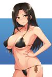  1girl armpits bangs bare_shoulders bikini black_bikini black_hair blush breasts brown_eyes cleavage collarbone hands_on_hips idolmaster idolmaster_cinderella_girls large_breasts long_hair mukai_takumi navel parted_bangs side-tie_bikini sidelocks solo sweatdrop swimsuit tomajiyama 