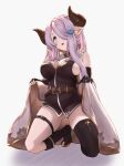  1girl ass_visible_through_thighs asymmetrical_gloves black_footwear black_gloves black_legwear blue_eyes bottomless braid breasts cape cape_lift demon_horns draph elbow_gloves gloves granblue_fantasy grey_background hair_ornament hair_over_one_eye high_heels highres horns kneeling large_breasts light_purple_hair long_hair low_tied_hair narmaya_(granblue_fantasy) open_mouth pointy_ears purple_hair single_braid single_thighhigh sleeveless solo teriton thigh_strap thighhighs uneven_gloves 