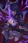 1girl armor bangs black_legwear breasts bridal_gauntlets cleavage electricity genshin_impact highres holding holding_sword holding_weapon japanese_clothes kimono large_breasts long_hair mole mole_under_eye obi purple_eyes purple_hair purple_kimono raiden_shogun raikoart red_background red_nails sash shoulder_armor sword sword_between_breasts tassel thighhighs thighs unfinished weapon wide_sleeves 