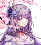  1girl artist_name bangs breasts cleavage closed_mouth commentary english_commentary falling_petals flower genshin_impact hair_ornament japanese_clothes kimono kuri-s large_breasts long_hair mole mole_under_eye obiage petals purple_eyes purple_flower purple_hair raiden_shogun ribbon simple_background solo tassel white_background 