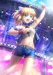  1girl ahoge armband artoria_pendragon_(fate) bandeau bangs bare_shoulders blonde_hair bow choker cowboy_shot eyebrows_visible_through_hair fate/grand_order fate_(series) hair_bow hand_up highres holding holding_microphone medium_hair messy_hair microphone midriff migiha navel open_mouth purple_eyes purple_shorts revision saber shorts sidelocks smile solo sweat teeth thighs tongue wrist_cuffs 