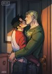  2boys artist_name black_hair black_pants blonde_hair blush closed_eyes closed_mouth couple cris_art deviantart_username earrings green_shirt hand_in_pocket hug hulkling jewelry male_focus marvel multiple_boys pants red_shirt shirt short_hair sideburns smile two-tone_shirt white_shirt wiccan yaoi 