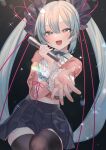  1girl aqua_eyes aqua_hair asu_oki frilled_sleeves frills hatsune_miku highres holding holding_microphone looking_at_viewer microphone open_hand open_mouth outstretched_arm sitting skirt smile solo sparkle twintails vocaloid 
